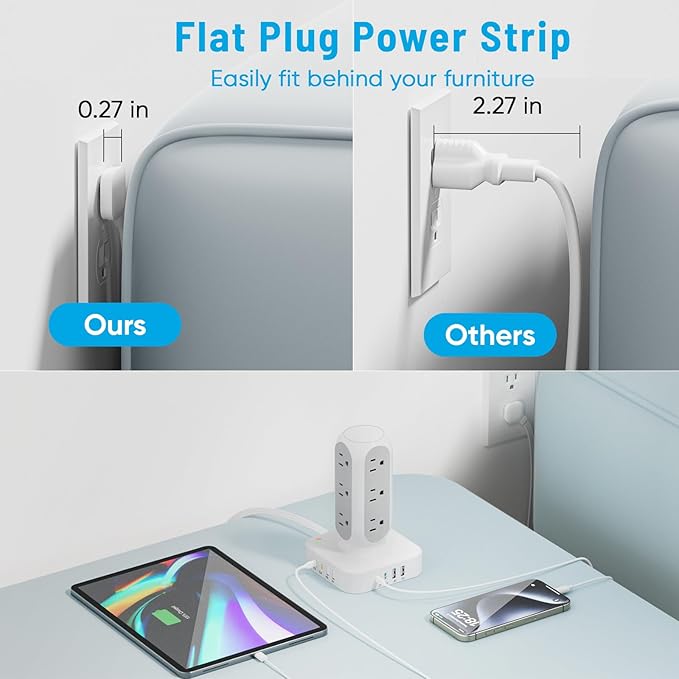 TenTrend 160W Fast Charging Station, Flat Plug Power Strip Tower - Image 5