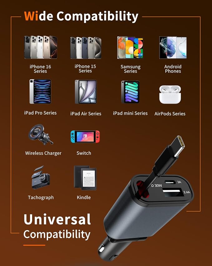 Retractable Car Charger, 3 in 1 Fast Car Phone Charger 50W, 1 TypeC Retractable - Image 5