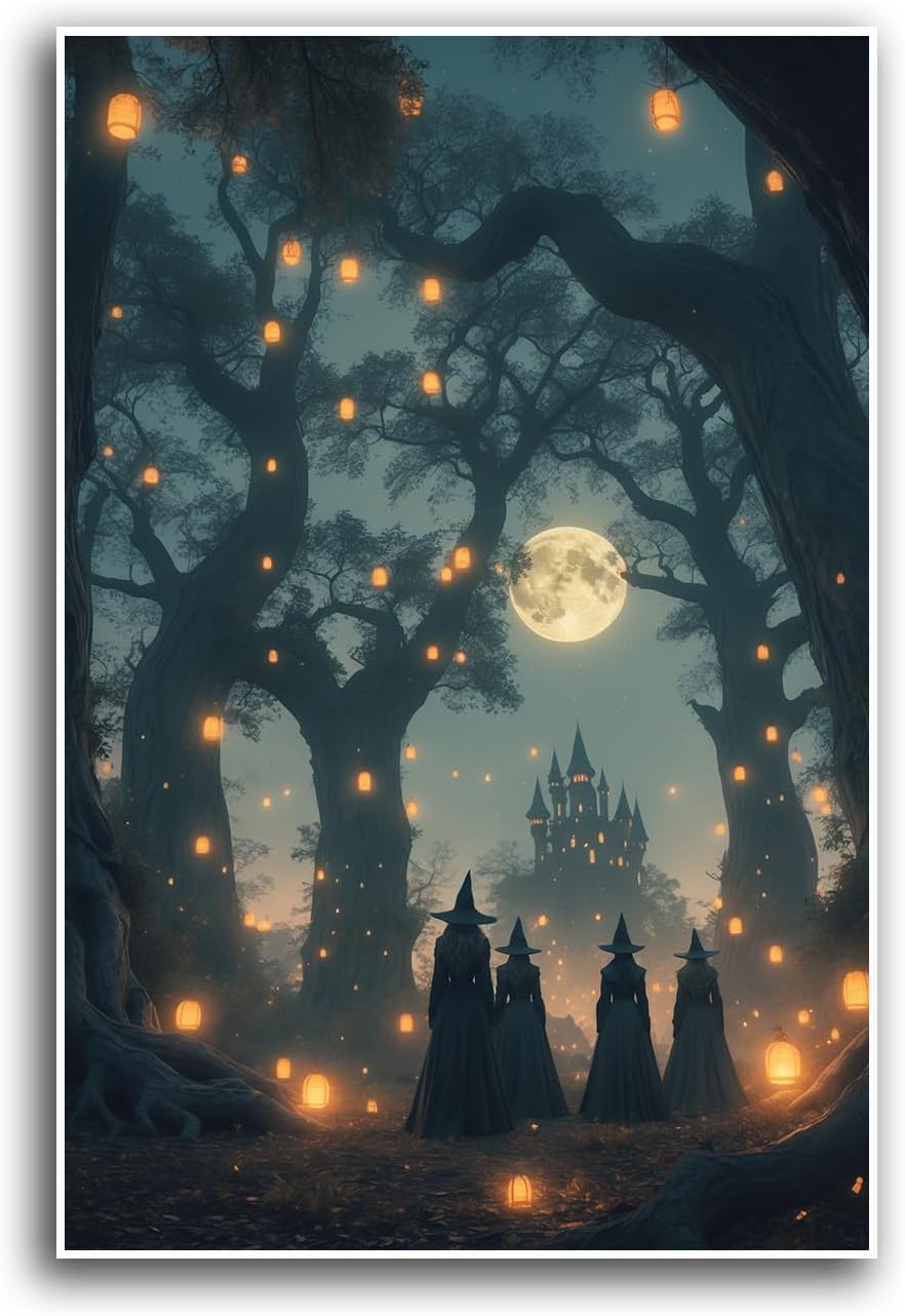 JFHCQJPK Mysterious creek painting witch and castle in magic forest art print canvas gothic print dark college decoration poster for home bedroom12x16in Frameless