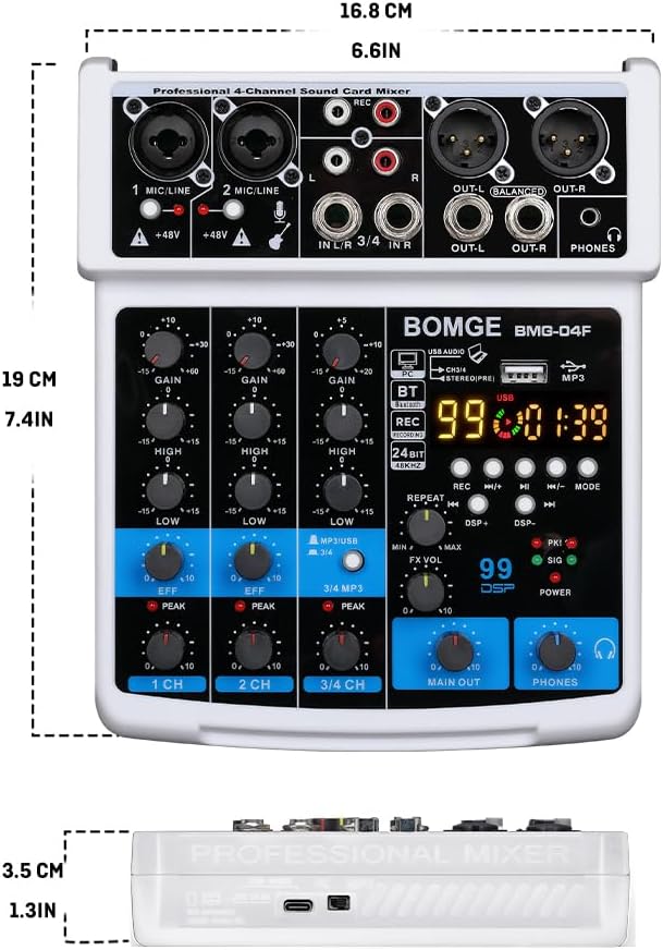 BOMGE 4 Channel Professional Audio Mixer, Sound Board Mixing Console - Image 9