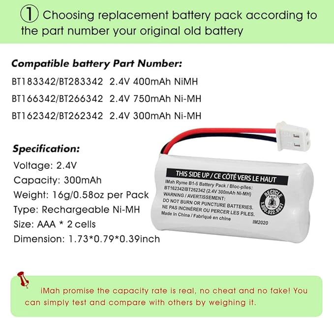 iMah BT162342/BT262342 2.4V 300mAh Ni-MH Cordless Phone Battery Pack, Also - Image 3
