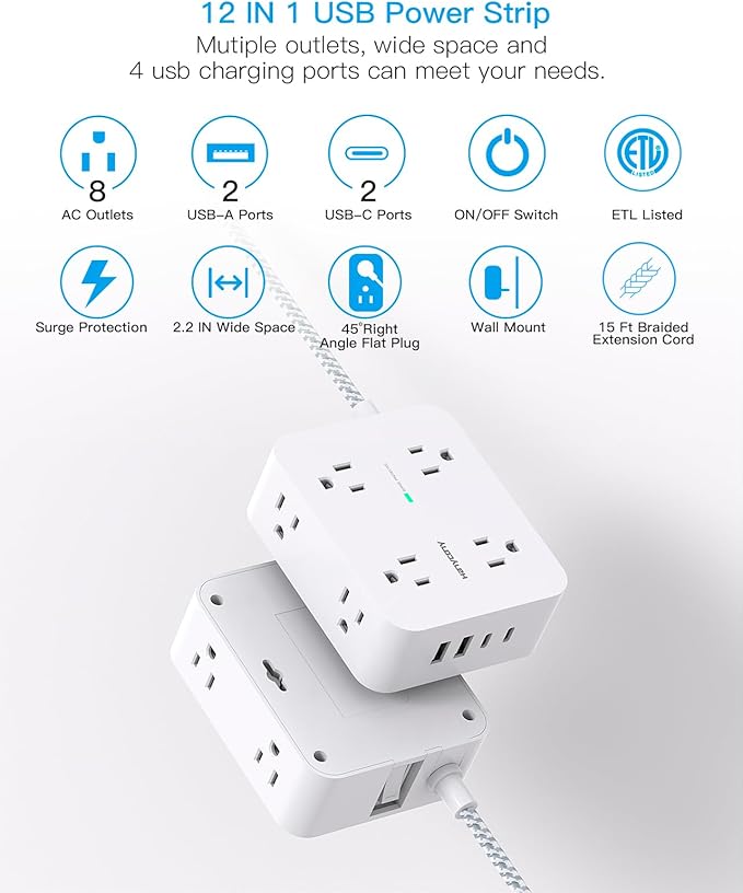 Surge Protector Power Strip 15 Ft Long Cord, HANYCONY Extension Cord 15 Feet - Image 2