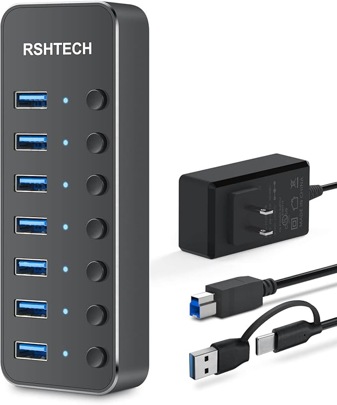 Powered UBS Hub, RSHTECH 7 Port USB 3.0/USB C Hub Upgraded Version Aluminum USB by RSHTECH