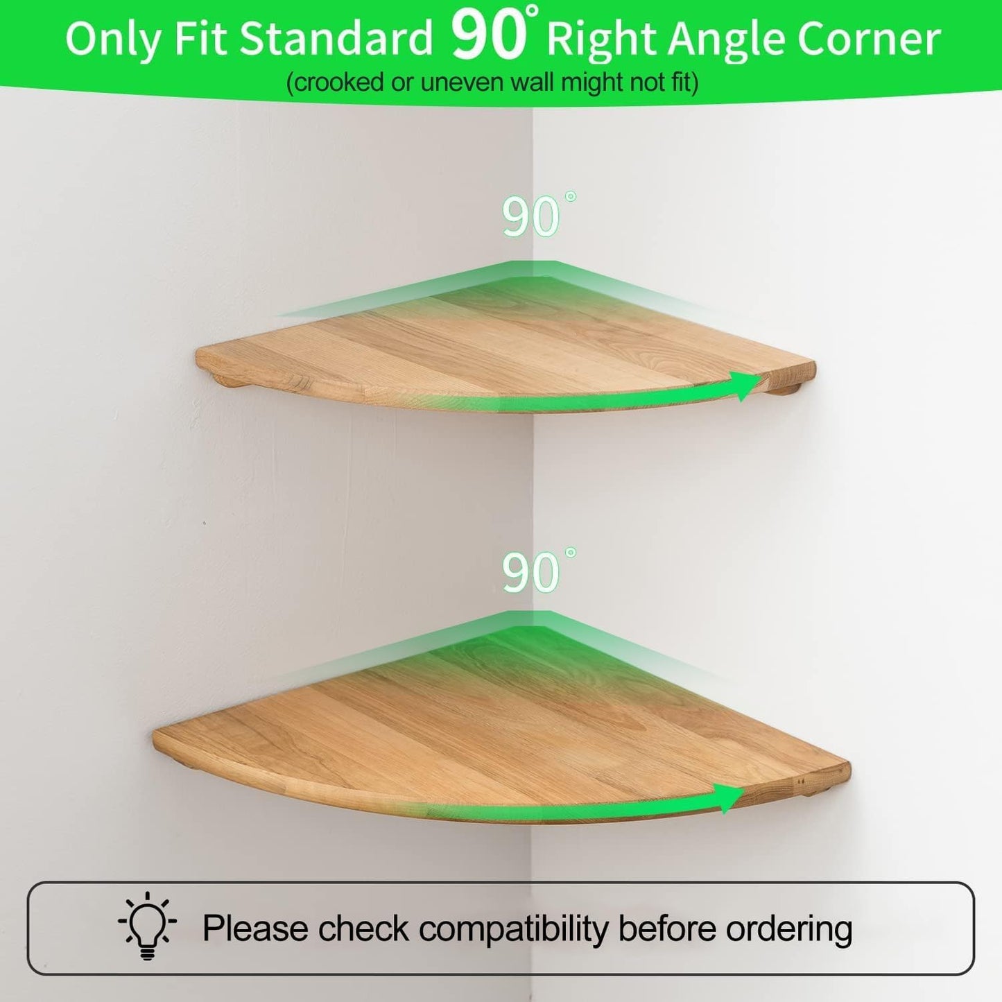 Corner Shelves, Floating Corner Shelf, Set of 2 12inch Solid Oak Wood Wall Shelves, Round End Wall Mount Display Shelf with Wire Hole for Bedroom Kitchen, Living Room