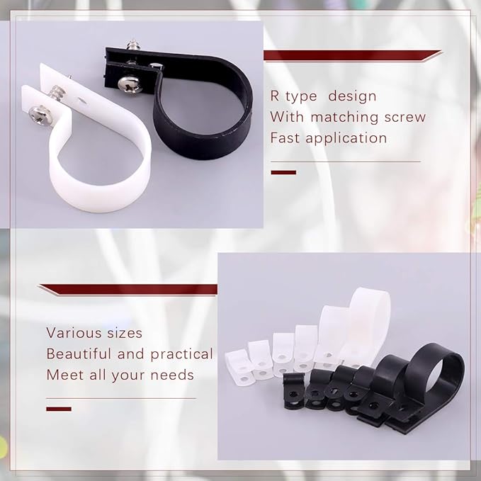 Hilitchi 132 Pcs 6 Sizes Black and White Plastic Cable Clamp R Type Screw - Image 4