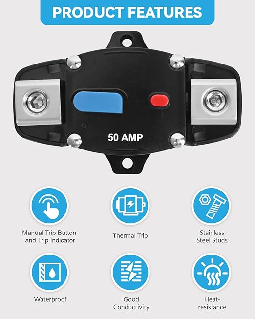 50 Amp Circuit Breaker with Manual Reset Waterproof Inline Fuse Inverter - Image 2
