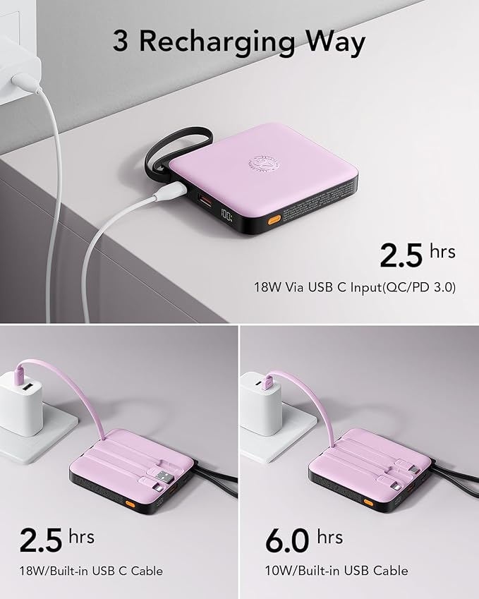 VRURC Portable Charger with Built-in Cable, 10000mAh Power Bank, 22.5W/PD20W - Image 8