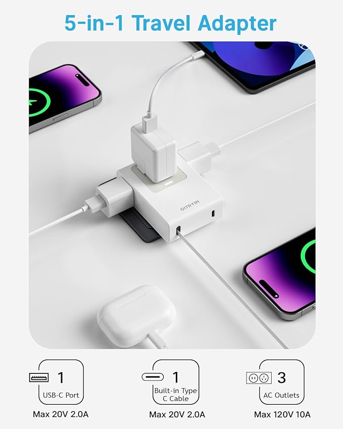 Flat USB C Wall Charger with 31.5in Retractable Type-C Cable, 5-in-1 Slim Wall - Image 3