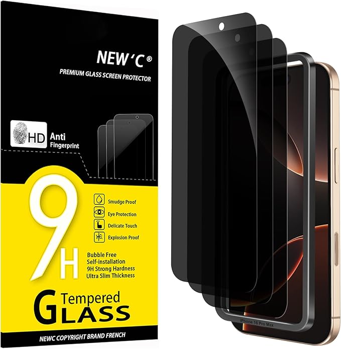 NEW'C 3 Pack Privacy for iPhone 16 Pro Max Screen Protector, Anti-Spy Tempered by NEWC