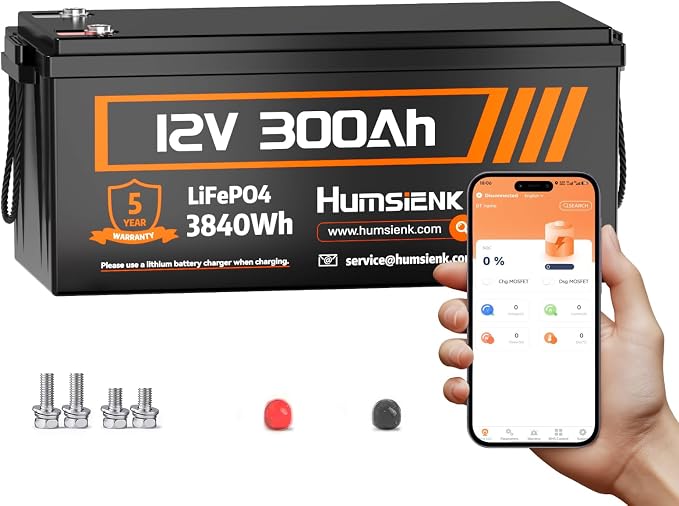 Bluetooth 12V 300Ah Battery LiFePO4 Lithium Built-in 100A BMS, 15000 Deep by HumsiENK