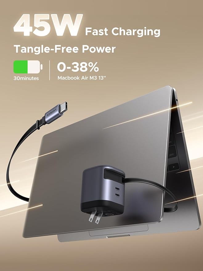 UGREEN Nexode 45W 3 in 1 Compact GaN Charger, Retractable USB C Fast Wall - Image 2