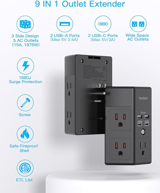 One Beat Surge Protector Wall Outlet Extender, 2 Pack 5 Outlets & 4 USB Ports - Image 2