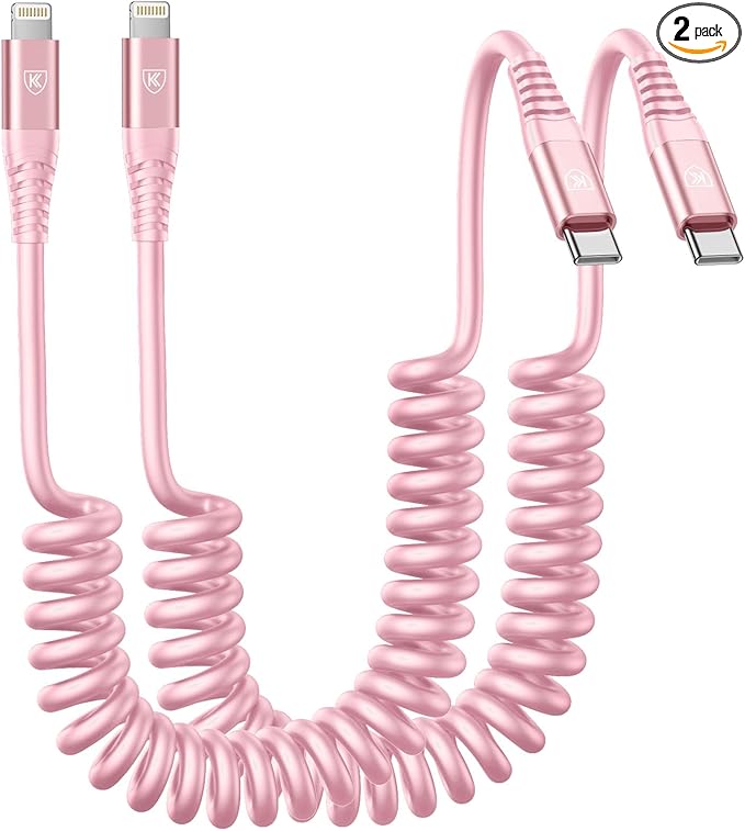 KIYODA USB C to Lightning Cable 3FTfor Car, Coiled iPhone Charger Fast Charging by KIYODA