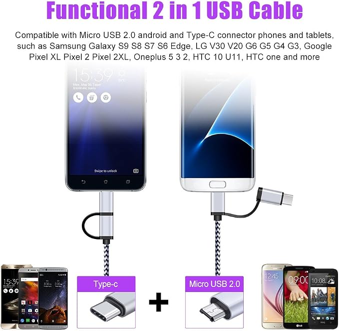 USB C Cable, SIXSIM 3Pack 6Ft 2 in 1 Cable Type C Charger Cable Nylon Braided - Image 3