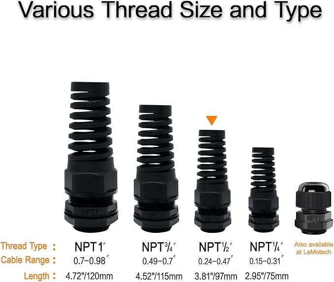 LeMotech 5Pcs NPT 1/2" IP68 Waterproof Cable Gland Flex Spiral Strain Relief - Image 6