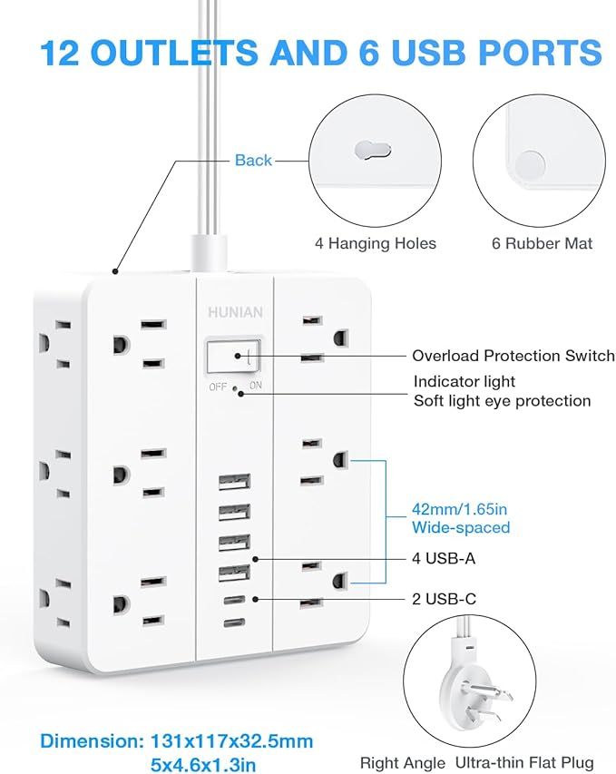 Surge Protector Power Strip 15 Ft Cord, HUNIAN Flat Plug Extension Cord - Image 7