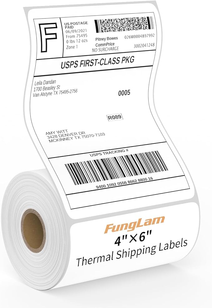 FungLam 4"X6" Thermal Shipping Labels, 4X6 Labels, Perforated, 250 Labels by FungLam