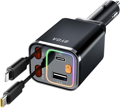 4 in 1 Retractable Car Charger for iPhone, 69W USB-C Fast Car Charger, by BYDA