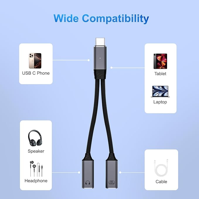 USB C Splitter，2 in 1 USB C Headphone and Charger Adapter Audio Dongle Cable - Image 2