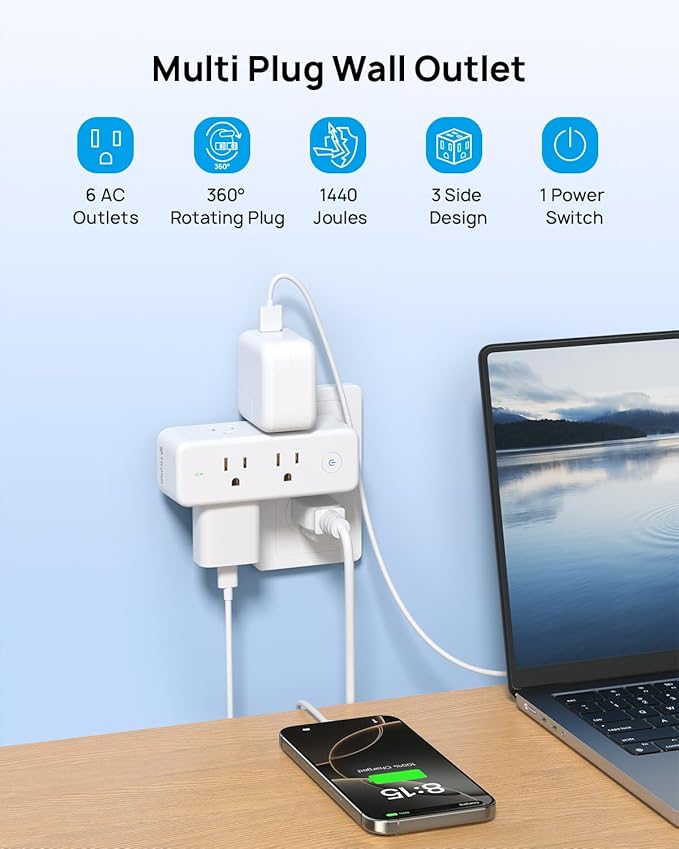 TROND Outlet Extender Surge Protector, 6 AC Outlet Splitter - Image 2