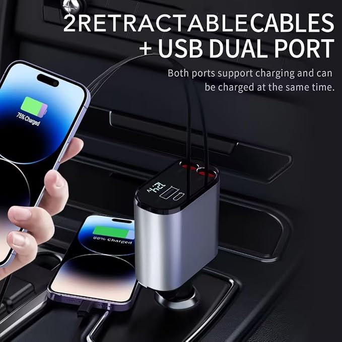 Retractable Car Charger, 4 in 1 Fast Charging 69W, Cigarette Lighter Adapter 2 - Image 3