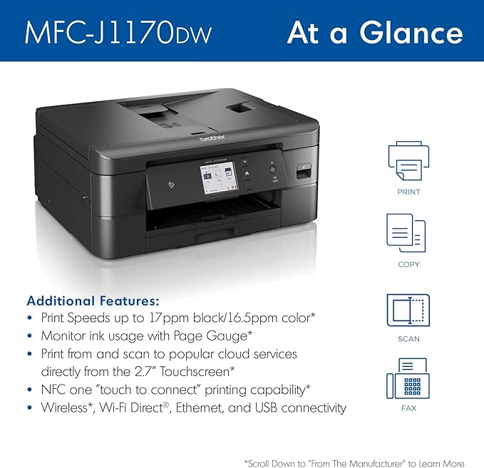 Brother MFC-J1170DW Wireless Color Inkjet All-in-One Printer, NFC One-Touch - Image 2