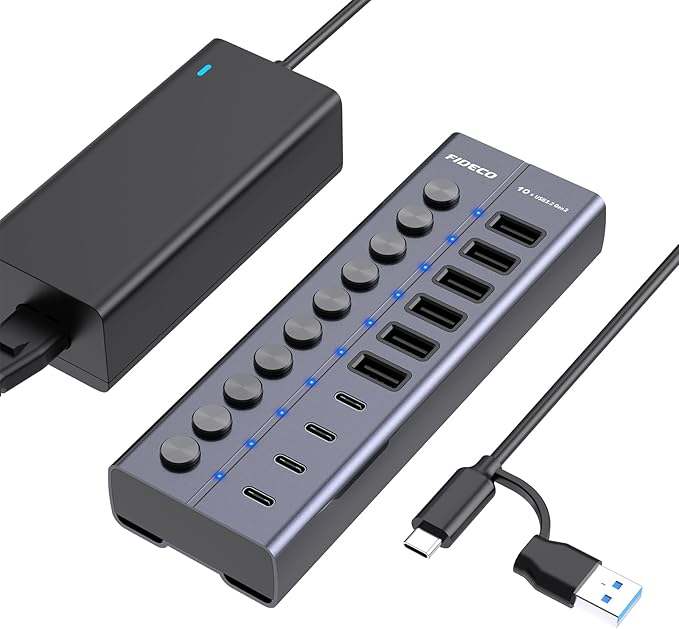 FIDECO 60W Powered USB Hub for Laptop and PC, 10-Port 10Gbps USB Splitter by FIDECO