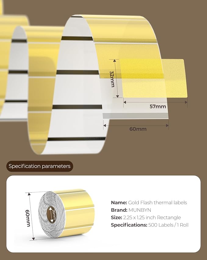 MUNBYN 2.25x1.25 Inch Gold Transparent Thermal Labels, Rectangle Fine Glitter - Image 2