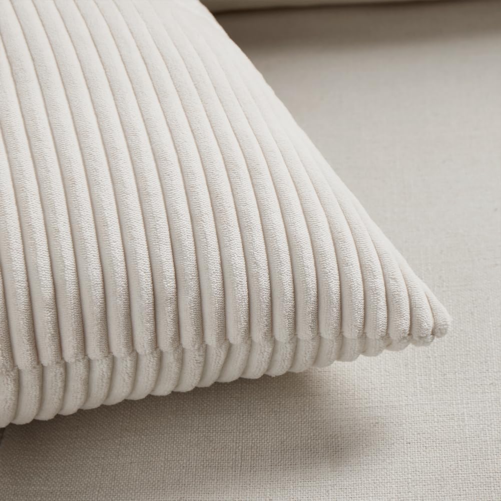 Fancy Homi 2 Packs Cream Lumbar Decorative Throw Pillow Covers 16x28 Inch for Living Room Couch Bed Sofa, Rustic Farmhouse Boho Home Decor, Soft Striped Corduroy Rectangle Accent Cushion Case 40x70 cm