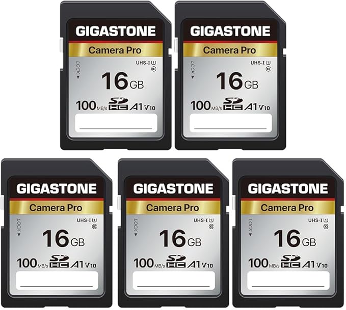 GIGASTONE 16GB 5-Pack SD Card, Camera Pro, A1 V10 SDHC Memory Card Compatible by Gigastone