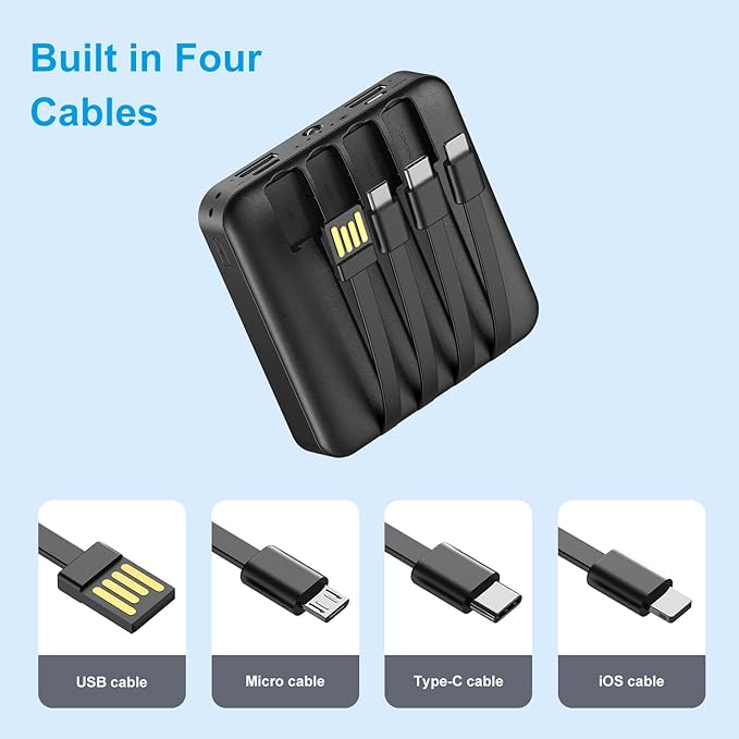 Solar Power Bank 12000mAh, Small Solar Charger Built in 4 Cables, USB C - Image 3