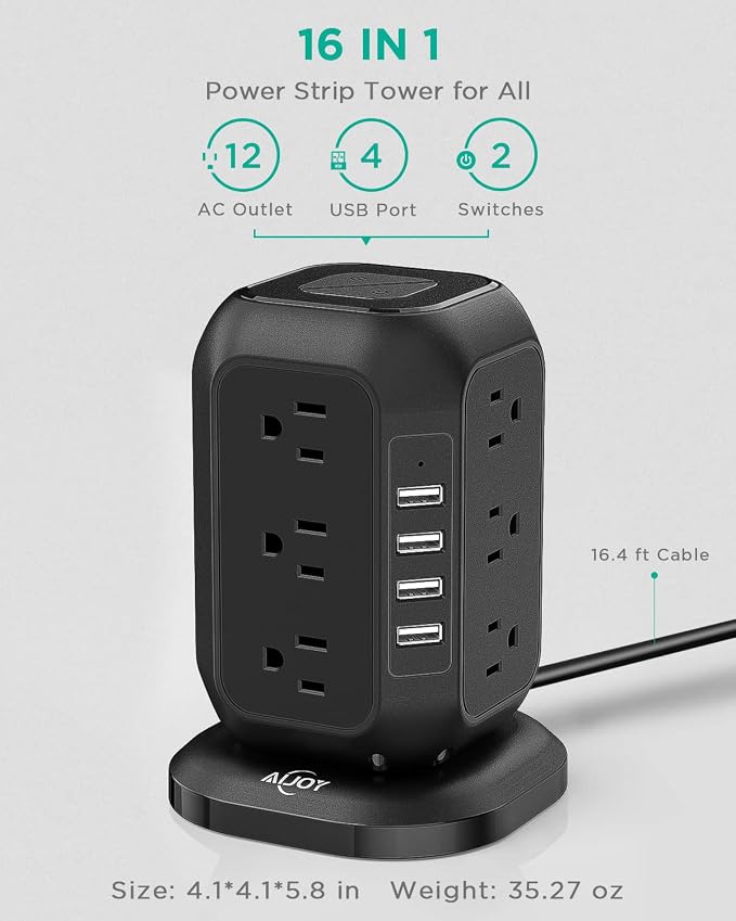AiJoy Power Strip Tower 16.4 ft Cord, Surge Protector - Image 2
