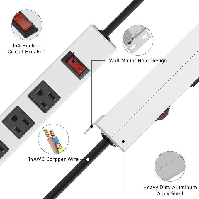 JUNNUJ Metal 16 Outlet Power Strip, Mountable Heavy Duty Power Strip, 1200J - Image 5