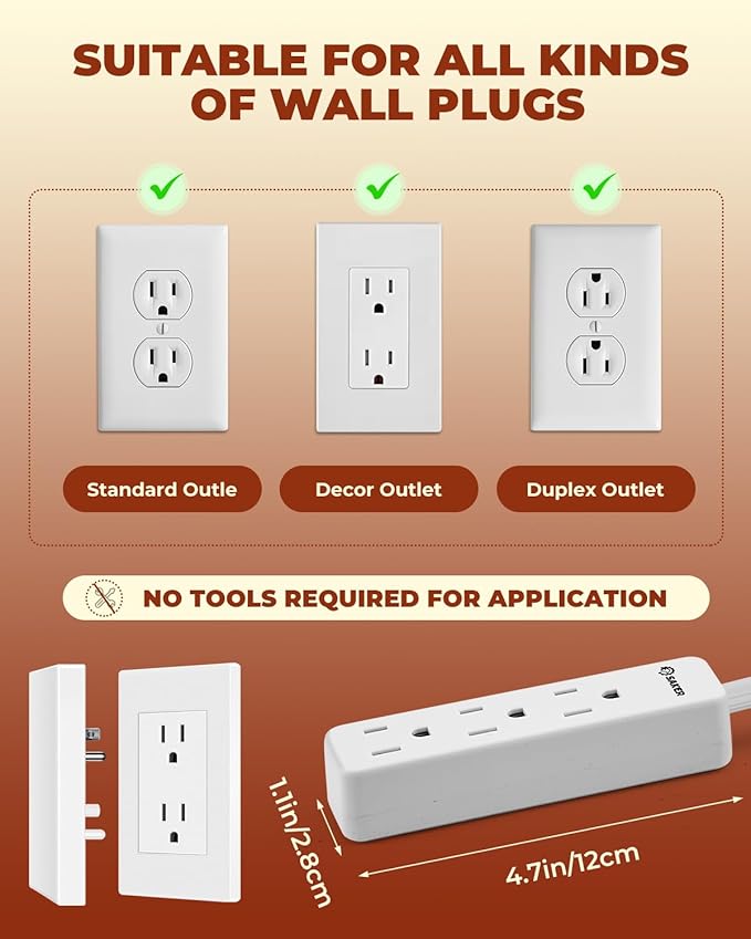 Saker Outlet Concealer Power Strip, 8ft Ultra-Thin Extension Cord - Image 5