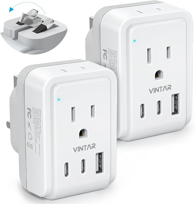 2 Pack US to UK Ireland Plug Adapter, VINTAR Foldable Type G Power Adapter by VINTAR