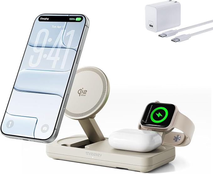 THREEKEY Qi2 25W MagSafe 3-in-1 Wireless Charging Station, MFI Certified by by THREEKEY