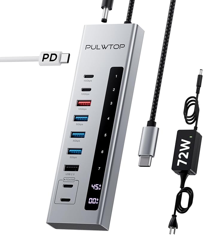 Powered USB C Hub, 10-in-1 USB 3.2 Data Hub by PULWTOP