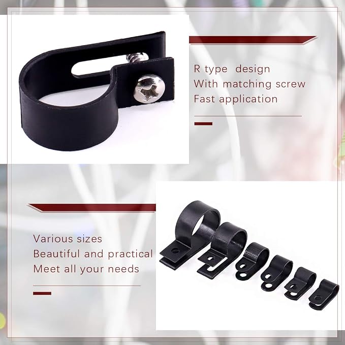 Hilitchi 135 Pcs 6 Sizes Black Plastic Cable Clamp R Type Screw Mounting Cord - Image 4