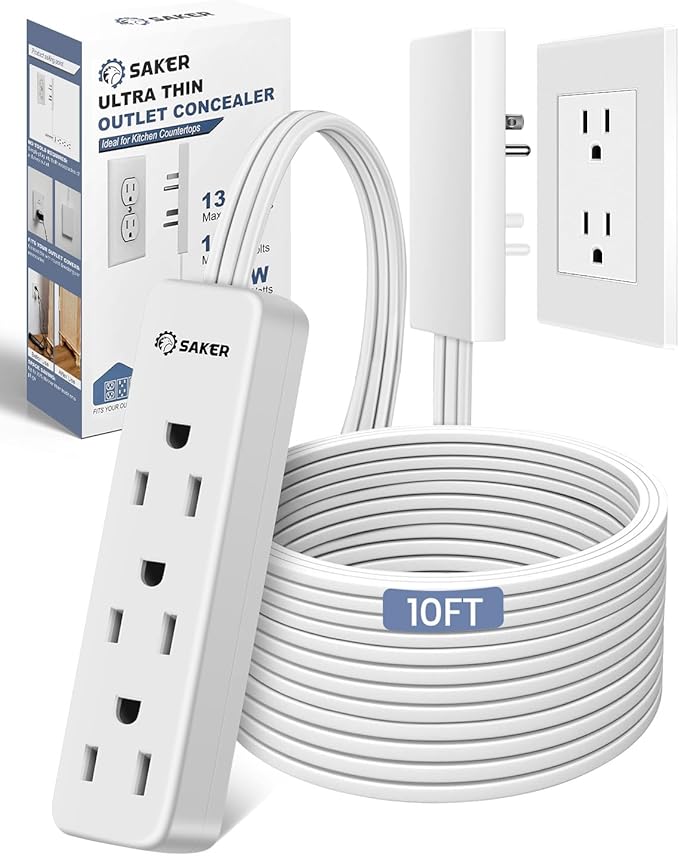 Saker Outlet Concealer Power Strip | 10ft Flat Plug Extension Cord by Saker