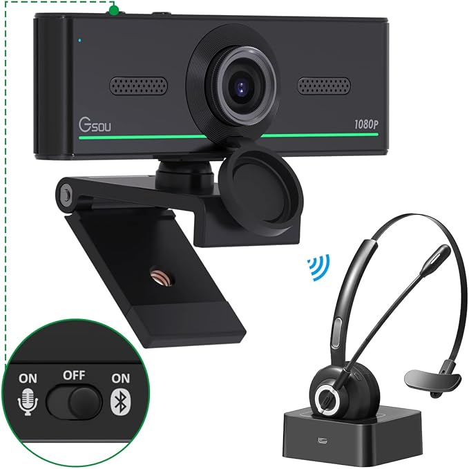 Webcam with Headset and Microphone, 1080P Webcam with Privacy Cover, Plug and by Gsou
