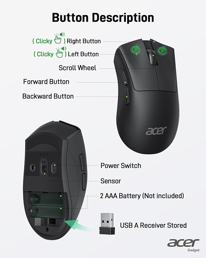 acer Wireless Mouse, 1200 DPI Computer Mouse - Image 4