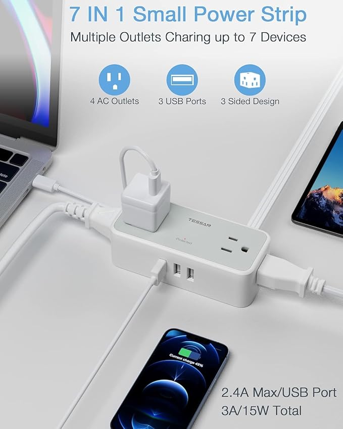 Ultra Thin 5FT Flat Extension Cord, TESSAN Surge Protector Flat Plug Power Strip - Image 3