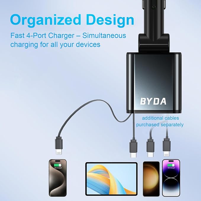 Retractable Car Charger, 4 in 1 Fast Charging USB-C & USB-A Compatible - Image 7