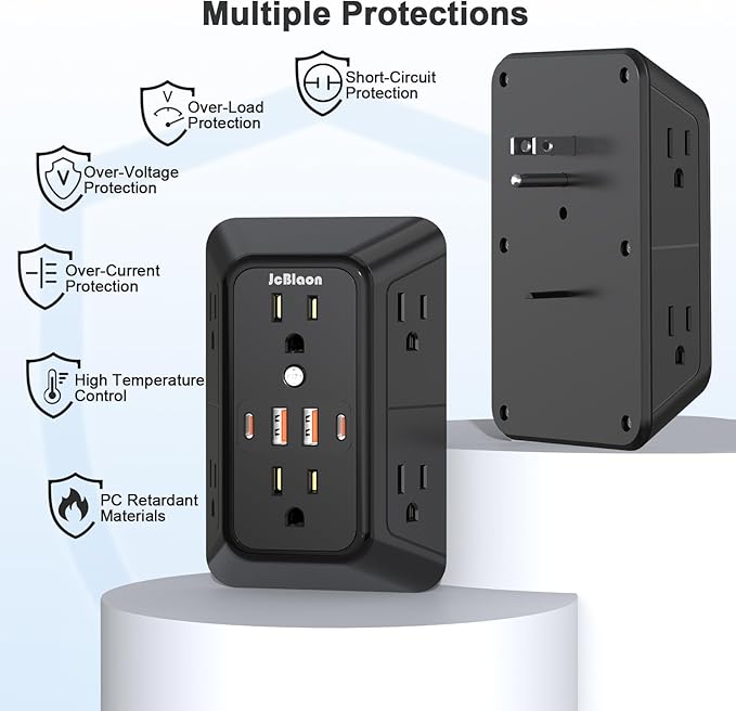 2 Pack Multi Plug Wall Outlet Extender Surge Protector 6 AC Outlet Splitter - Image 6