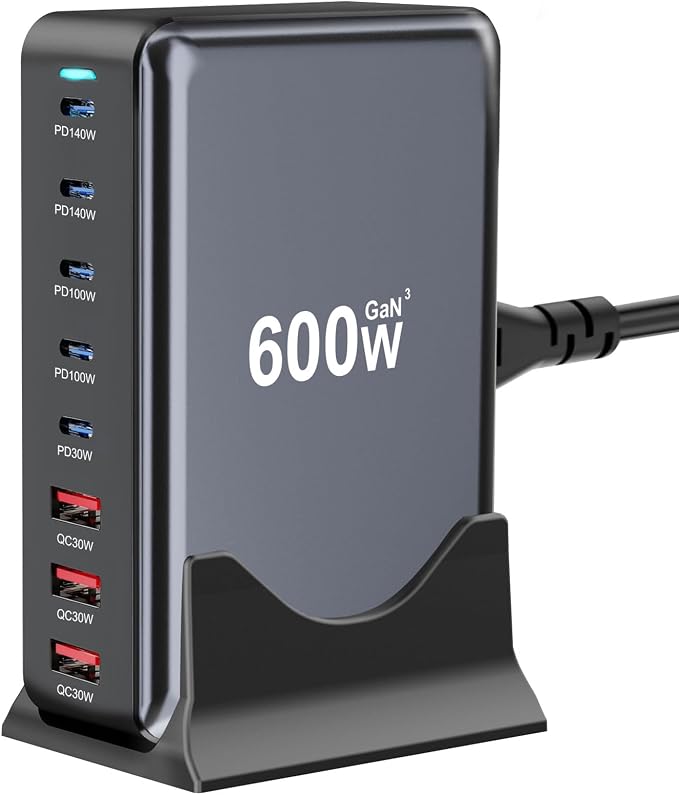 600W Fast USB C GaN Ⅲ Pro Charger Block, 8 Port Charging Station, Dual 140W by LMSEP