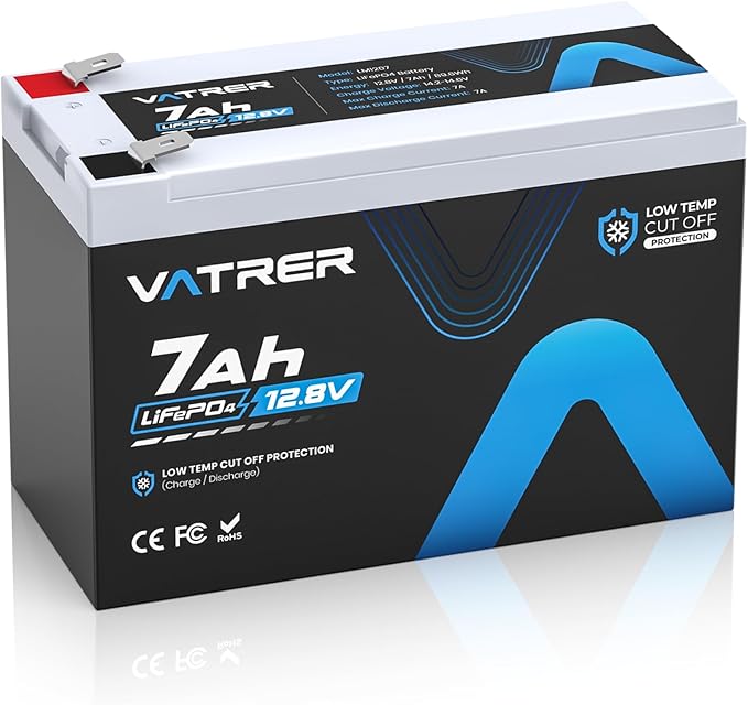 12V 7AH LiFePO4 Battery, Built-in 7A BMS, 5000+ Deep Cycles Rechargeable by VATRERPOWER
