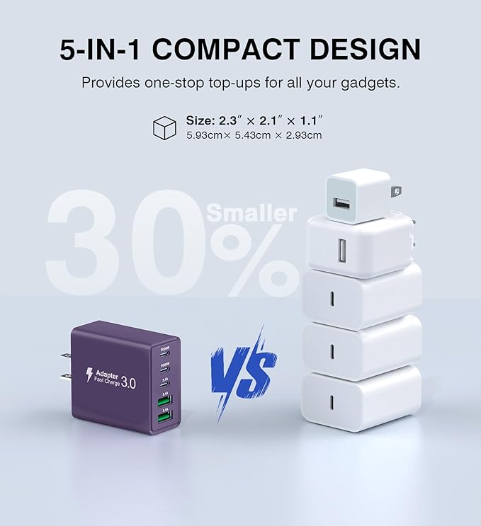 50W USB C Plug, 5-Port Fast Charger Block PD+QC Cube Wall Charging Box Brick - Image 7