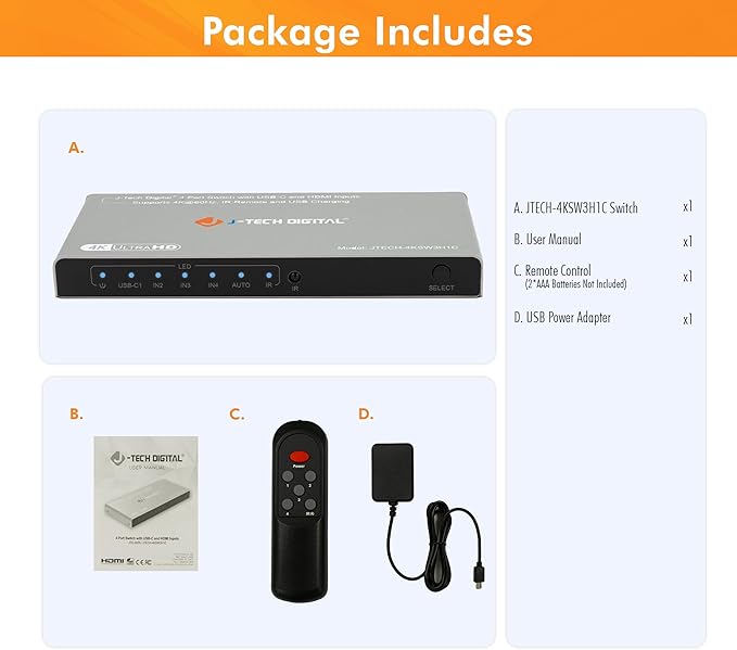 J-Tech Digital 4K 60Hz 4x1 HDMI & USB-C Switch | 3 HDMI + 1 USB-C Input - Image 9