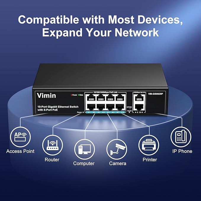 8 Port Gigabit PoE Switch with 2 Uplink Gigabit Ports, VIMIN 10 Port Unmanaged - Image 3