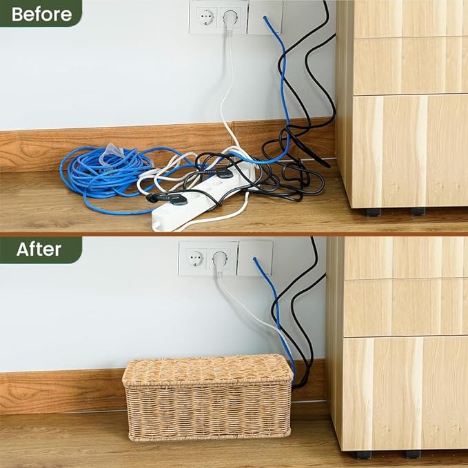 Cable Management Box, Handmade Rattan Cable Organizer, 2 Open Slots Cords Hider - Image 4